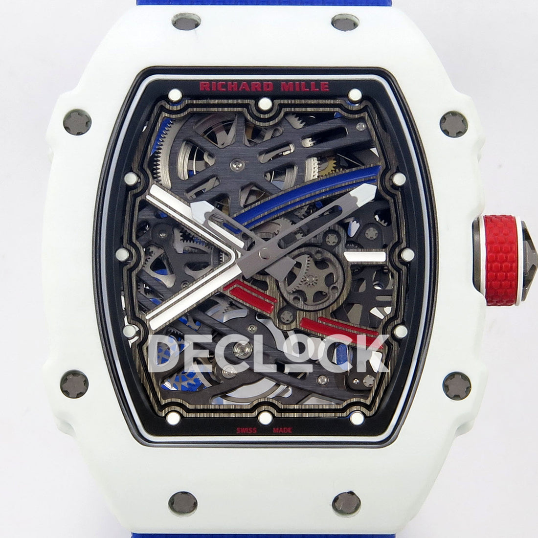 Richard Mille RM67-02 RICH White France Pro V2 replica - frontal white case with original blue red white skeleton dial and red crown RM67-02