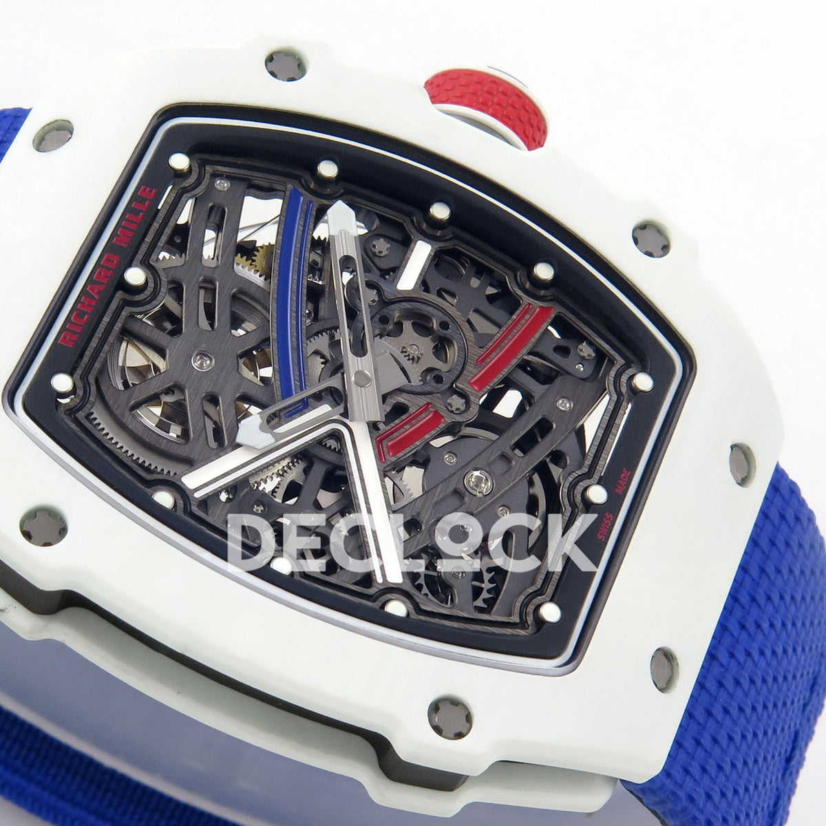 Richard Mille RM67-02 RICH White France Pro V2 replica - opposite angle with white case and blue fabric strap