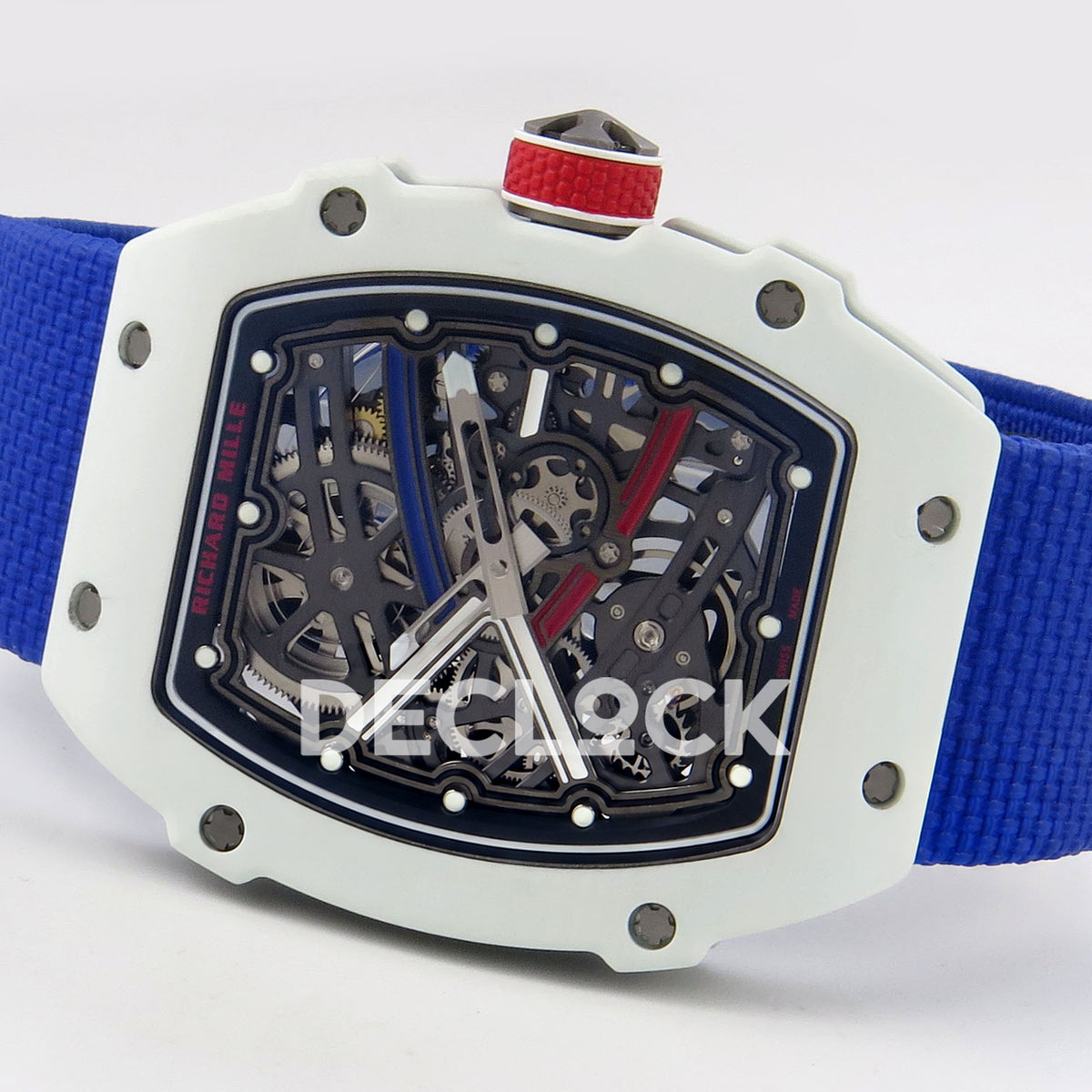 Richard Mille RM67-02 RICH White France Pro V2 replica - horizontal front view of white case and blue elastic strap