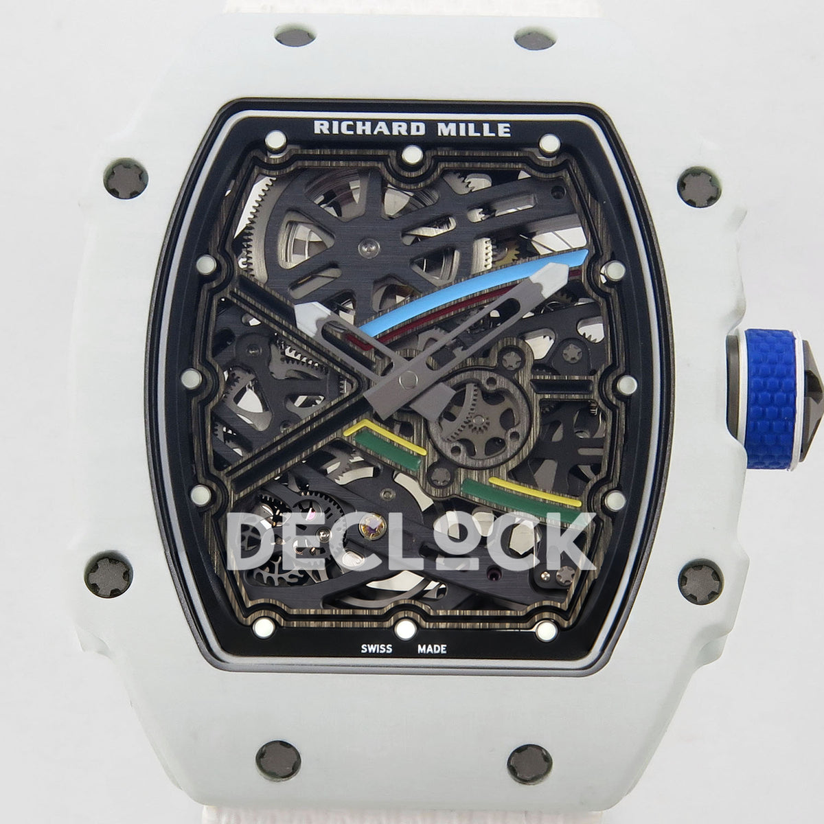 Richard Mille RM67-02 RICH UAE 2026 replica - original skeleton dial, colored bridges and white NTPT case close-up