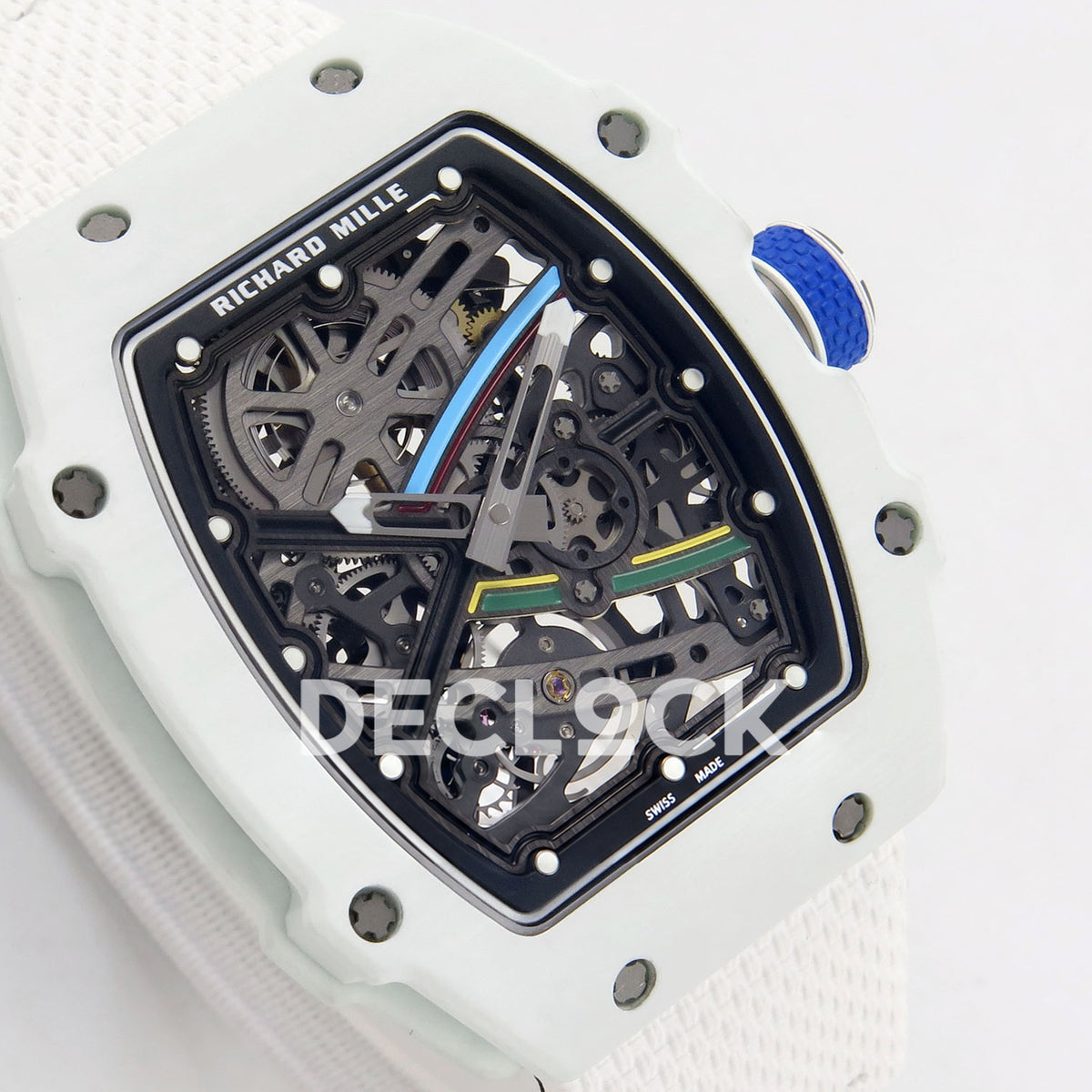 Richard Mille RM67-02 RICH UAE 2026 replica - original skeleton dial and white case at a left angle