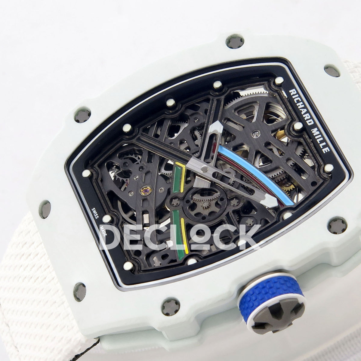 Richard Mille RM67-02 RICH UAE 2026 replica - original colored dial bridges, white case and blue crown at the opposite angle