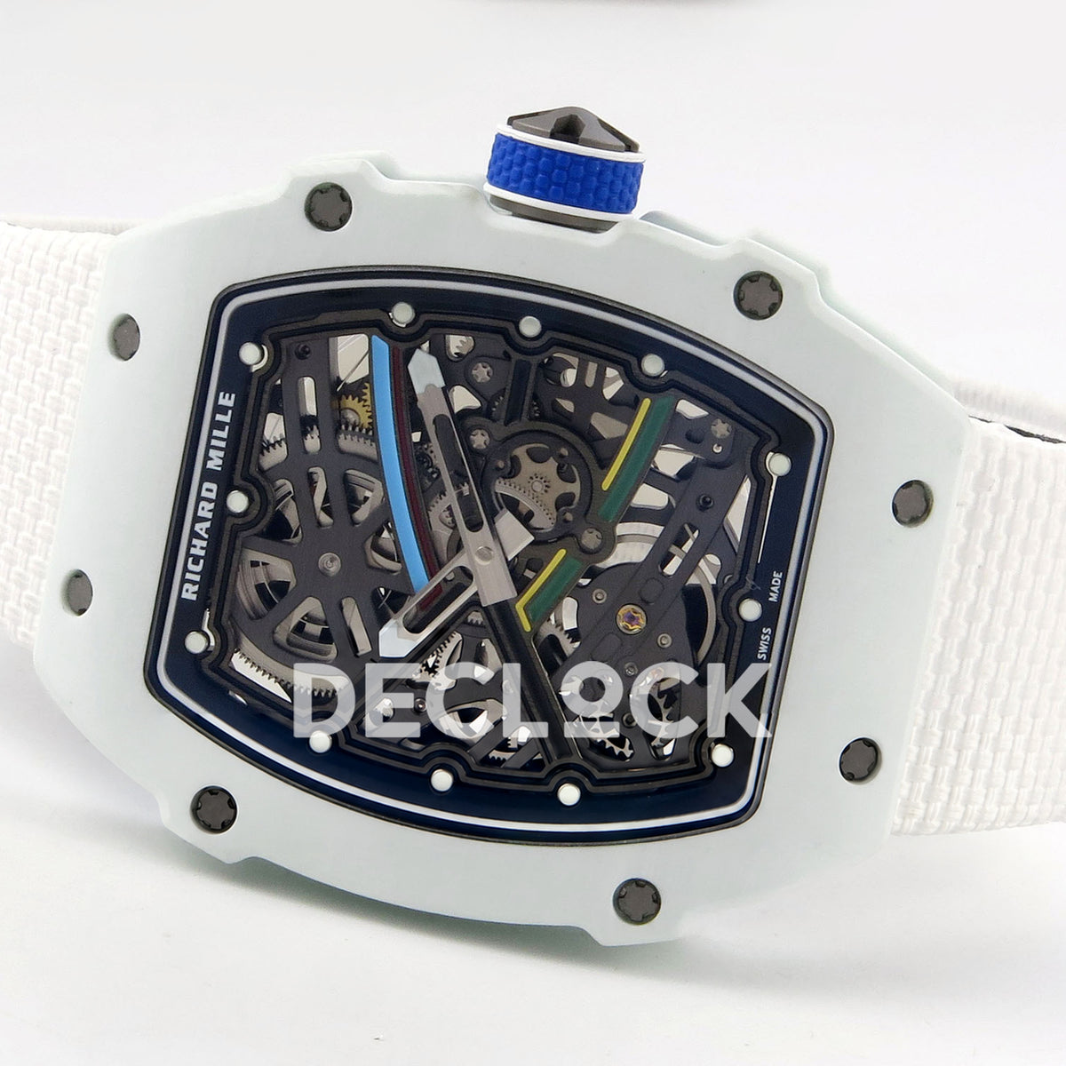 Richard Mille RM67-02 RICH UAE 2026 replica - white strap, blue crown and skeleton dial from the opposite side