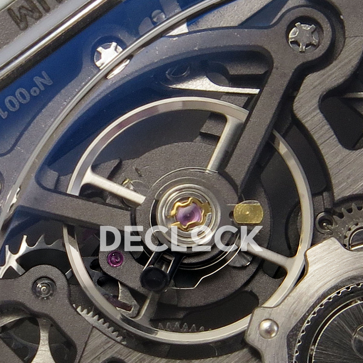 Richard Mille RM67-02 RICH UAE 2026 replica - original balance wheel, purple jewel, gears and black movement bridge in close-up