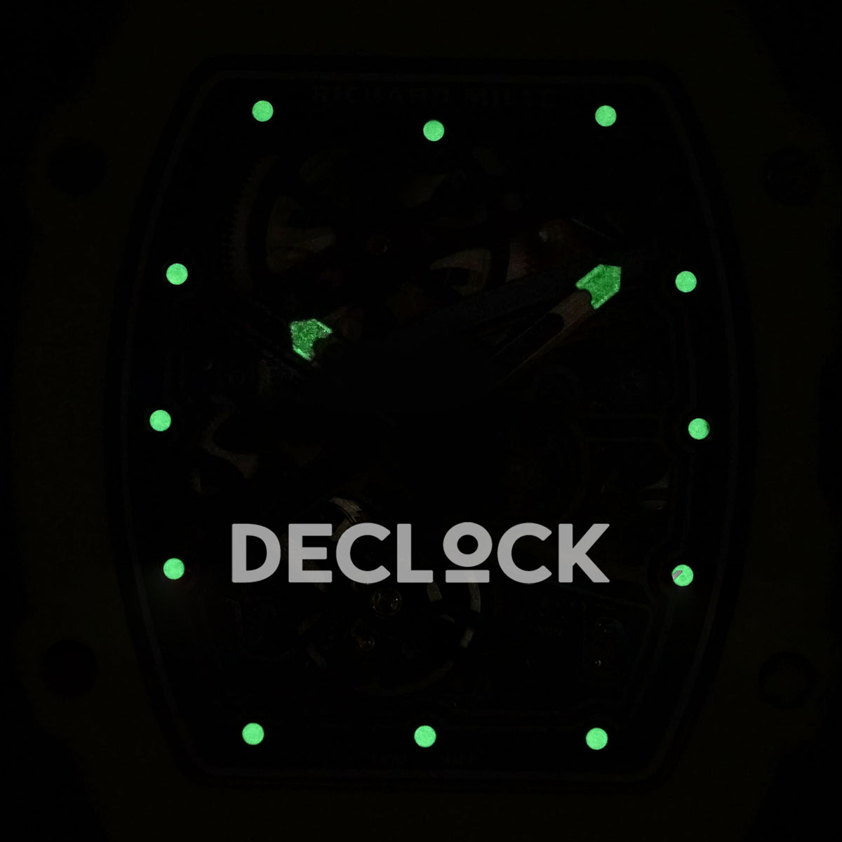 Richard Mille RM67-02 RICH UAE 2026 replica - original green luminous hour dots and hand tips photographed in darkness