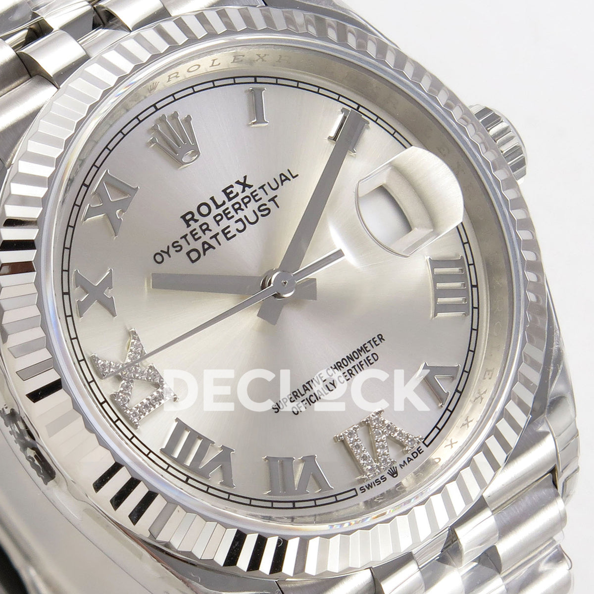 Rolex Datejust 126234 VSF Silver Diamonds Roman Jubilee VS3235 V2 replica - dial left angle