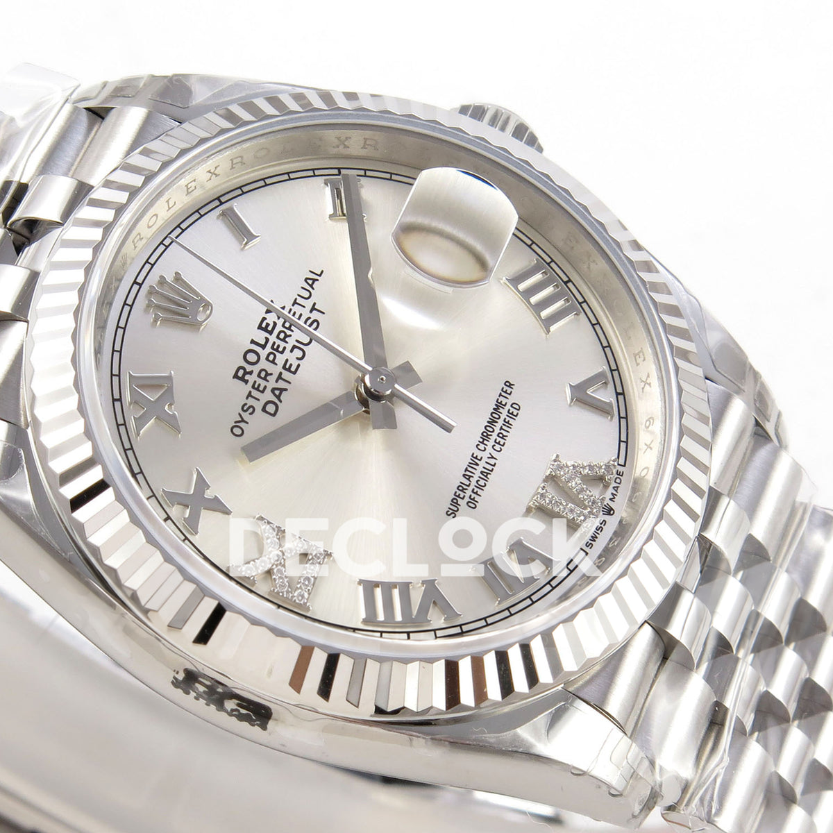 Rolex Datejust 126234 VSF Silver Diamonds Roman Jubilee VS3235 V2 replica - dial oblique detail