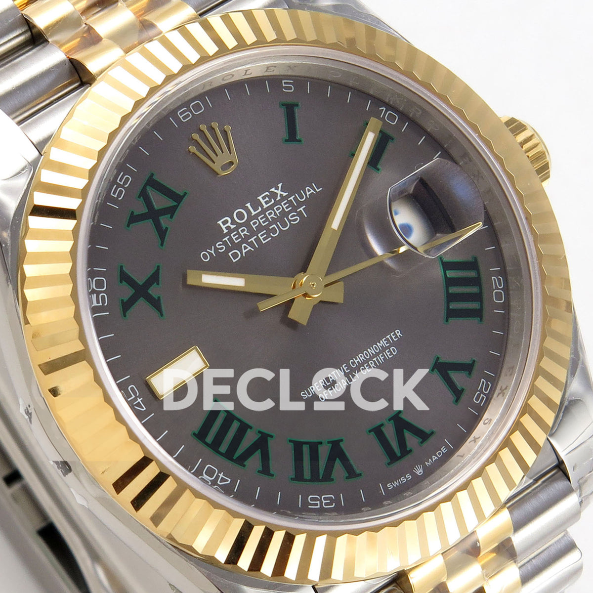 Rolex Datejust 126333 VSF gray green Roman dial two-tone Jubilee replica - dial detail angle one