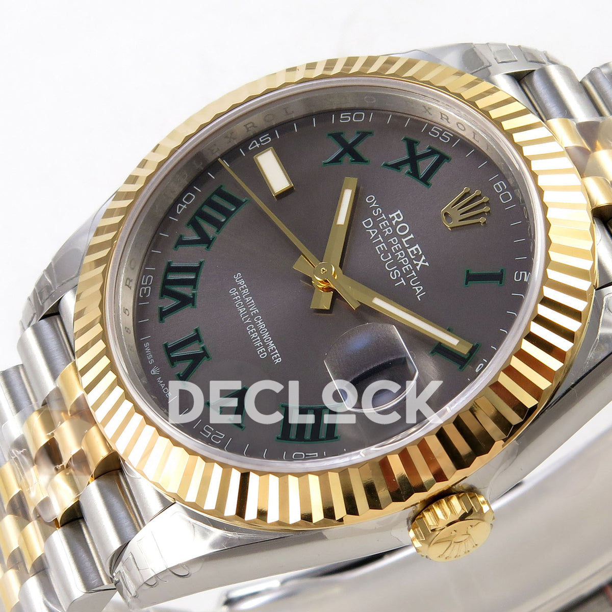 Rolex Datejust 126333 VSF gray green Roman dial two-tone Jubilee replica - dial detail angle two