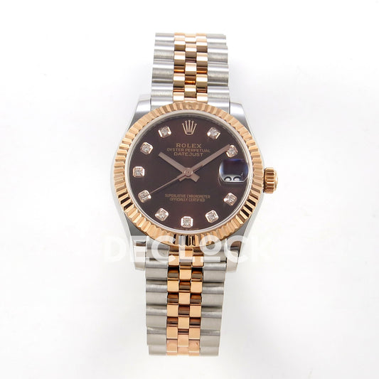Rolex Datejust 31 278271 Brown Diamond Rose Two-Tone Jubilee XRF A2236 replica - Straight-on full watch view with brown gem dial, rose-tone fluted bezel and steel/rose Jubilee bracelet
