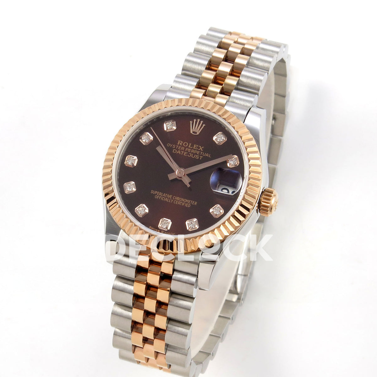 Rolex Datejust 31 278271 Brown Diamond Rose Two-Tone Jubilee XRF A2236 replica - Standing three-quarter watch view with brown gem dial and steel/rose Jubilee bracelet