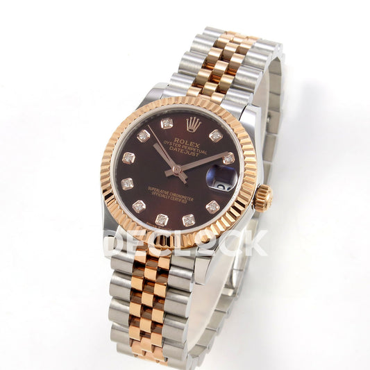 Rolex Datejust 31 278271 Brown Diamond Rose Two-Tone Jubilee XRF A2236 replica - Standing three-quarter watch view with brown gem dial and steel/rose Jubilee bracelet