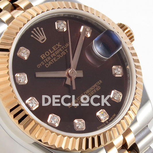 Rolex Datejust 31 278271 Brown Diamond Rose Two-Tone Jubilee XRF A2236 replica - Close-up of the brown gem dial, native rose-tone hands, date cyclops and fluted rose-tone bezel