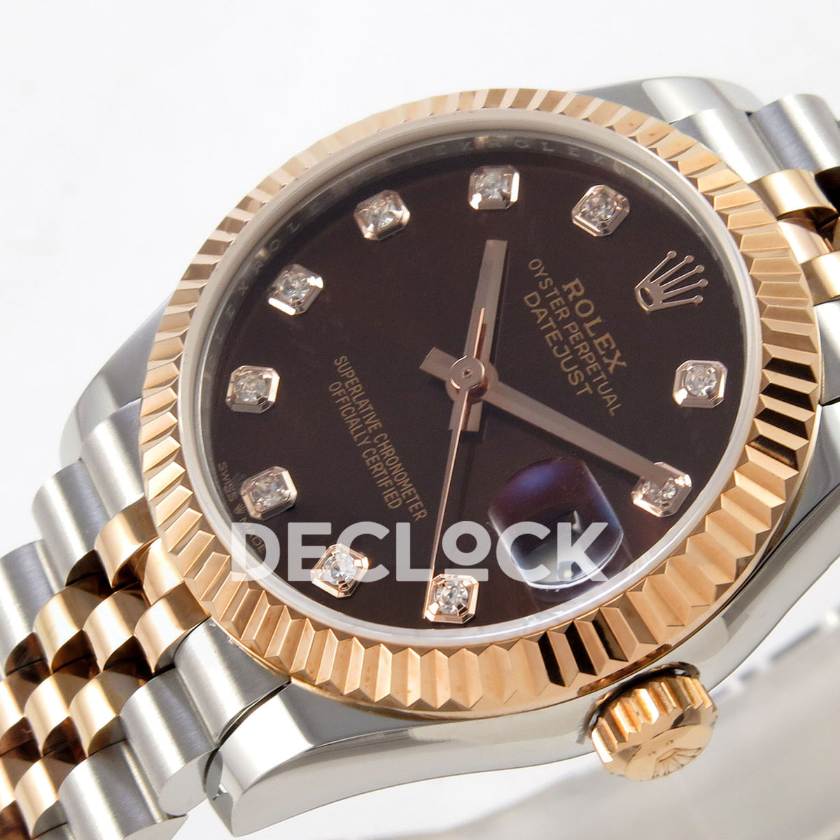 Rolex Datejust 31 278271 Brown Diamond Rose Two-Tone Jubilee XRF A2236 replica - Angled close-up of the brown gem dial, rose-tone hands, date cyclops and fluted rose-tone bezel