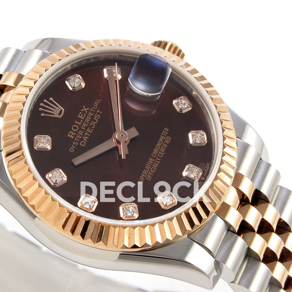 Rolex Datejust 31 278271 Brown Diamond Rose Two-Tone Jubilee XRF A2236 replica - Opposite close-up showing the brown gem dial, rose-tone hands, fluted bezel and steel/rose Jubilee links