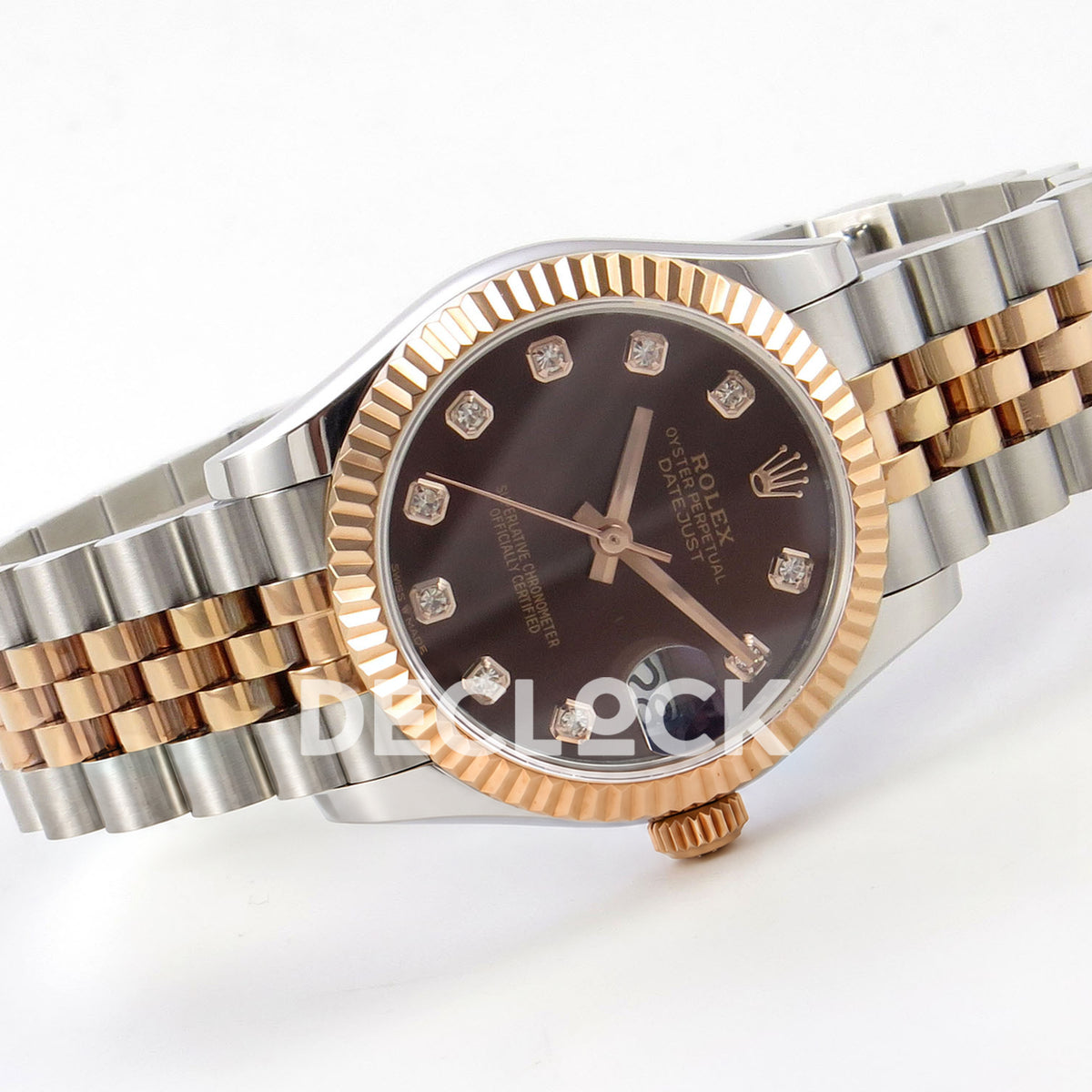 Rolex Datejust 31 278271 Brown Diamond Rose Two-Tone Jubilee XRF A2236 replica - Left-side angled view of the brown gem dial, rose-tone fluted bezel, date lens and steel/rose Jubilee bracelet