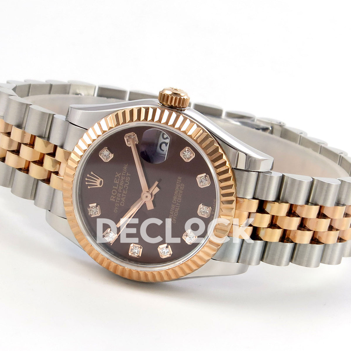 Rolex Datejust 31 278271 Brown Diamond Rose Two-Tone Jubilee XRF A2236 replica - Opposite angled view of the brown gem dial, rose-tone crown, hands and steel/rose Jubilee bracelet