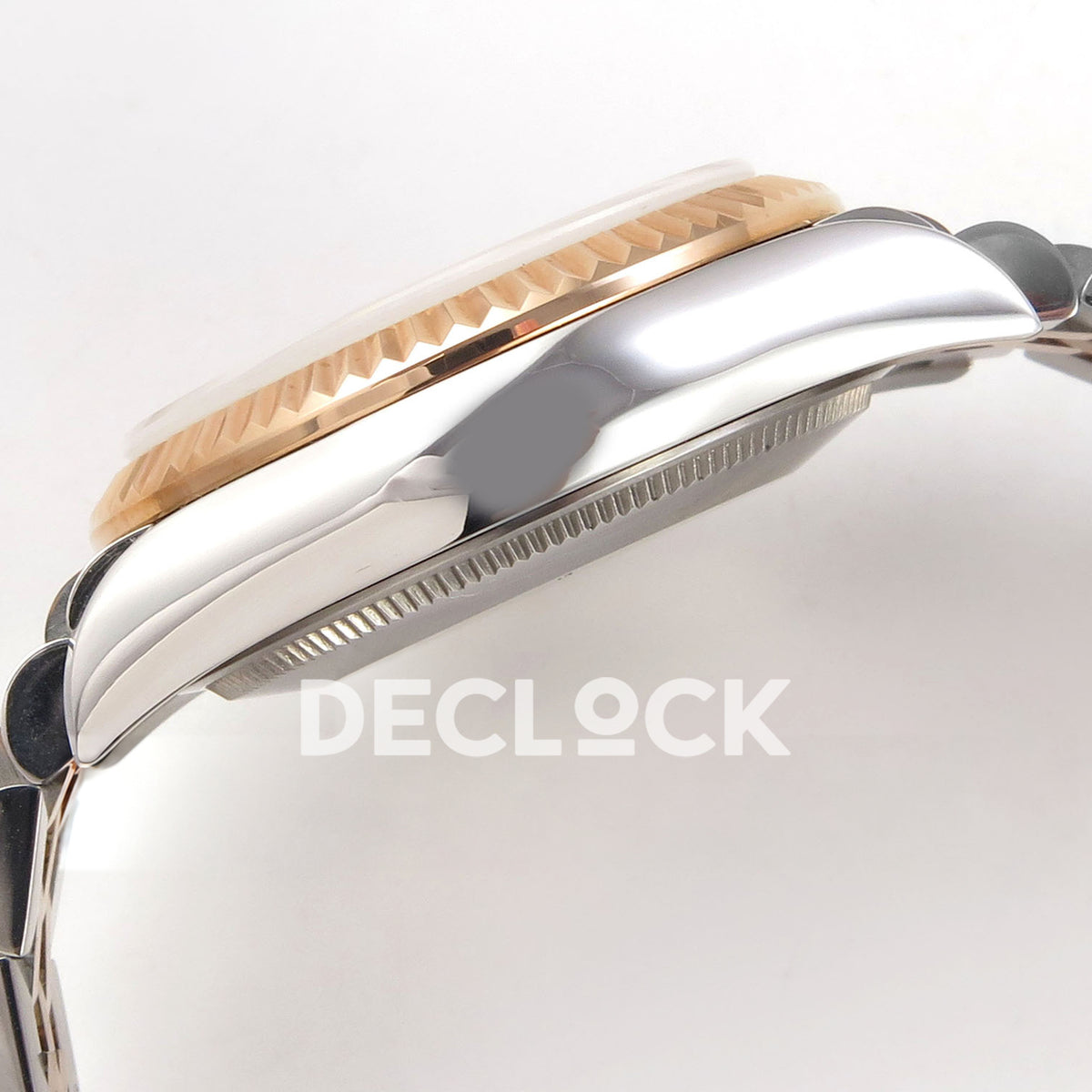 Rolex Datejust 31 278271 Brown Diamond Rose Two-Tone Jubilee XRF A2236 replica - Side profile of the steel case, rose-tone fluted bezel and crystal