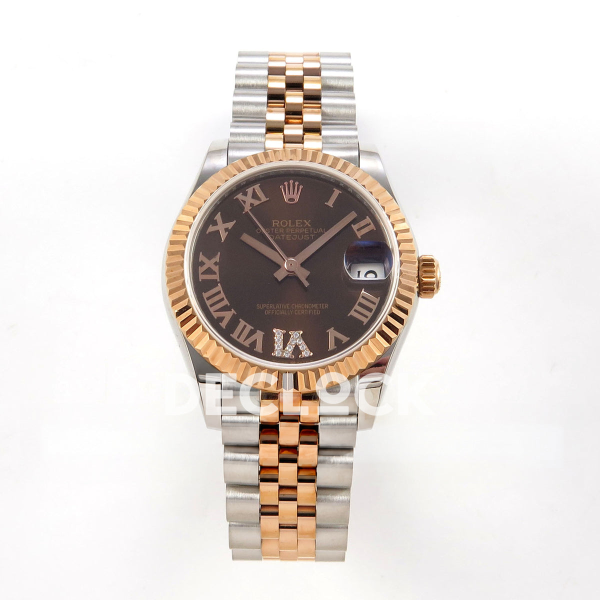Rolex Datejust 31 278271 Brown Roman VI Gem Rose Two-Tone Jubilee XRF A2236 replica - Straight-on watch view with brown Roman dial, gem-set VI, rose-tone fluted bezel and steel/rose Jubilee bracelet