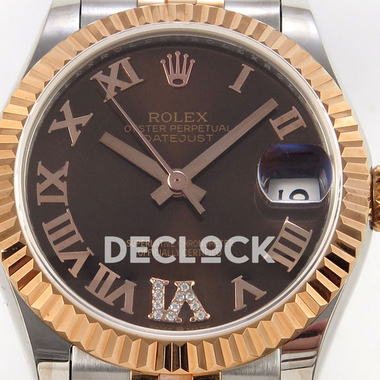 Rolex Datejust 31 278271 Brown Roman VI Gem Rose Two-Tone Jubilee XRF A2236 replica - Front macro of the brown Roman dial with gem-set VI, rose-tone hands and magnified date lens