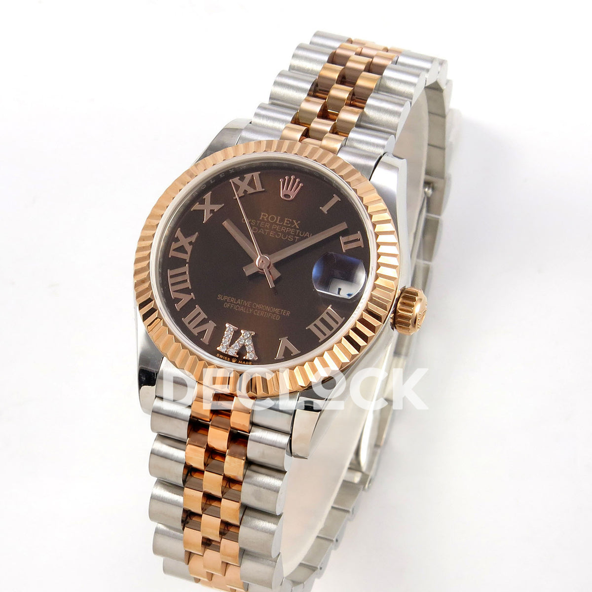 Rolex Datejust 31 278271 Brown Roman VI Gem Rose Two-Tone Jubilee XRF A2236 replica - Standing three-quarter watch view with brown Roman dial, gem-set VI and steel/rose Jubilee bracelet