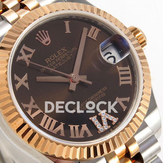 Rolex Datejust 31 278271 Brown Roman VI Gem Rose Two-Tone Jubilee XRF A2236 replica - Close-up of the brown Roman dial with gem-set VI, native rose-tone hands, date cyclops and fluted rose-tone bezel