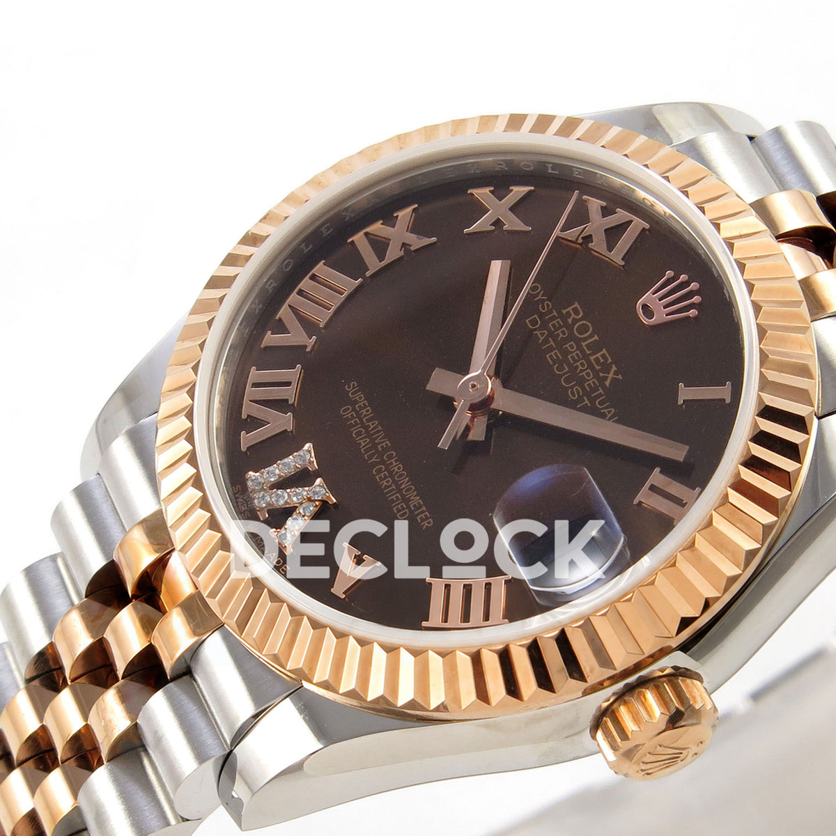 Rolex Datejust 31 278271 Brown Roman VI Gem Rose Two-Tone Jubilee XRF A2236 replica - Angled close-up of the brown Roman dial with gem-set VI, rose-tone hands, date cyclops and fluted rose-tone bezel