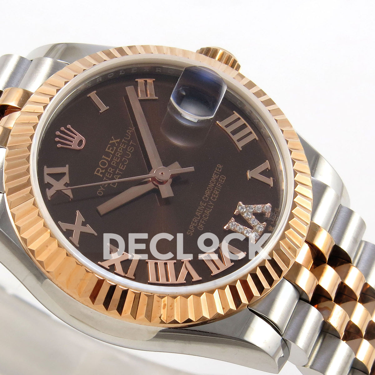 Rolex Datejust 31 278271 Brown Roman VI Gem Rose Two-Tone Jubilee XRF A2236 replica - Opposite close-up showing the brown Roman dial with gem-set VI, rose-tone hands, fluted bezel and steel/rose Jubilee links