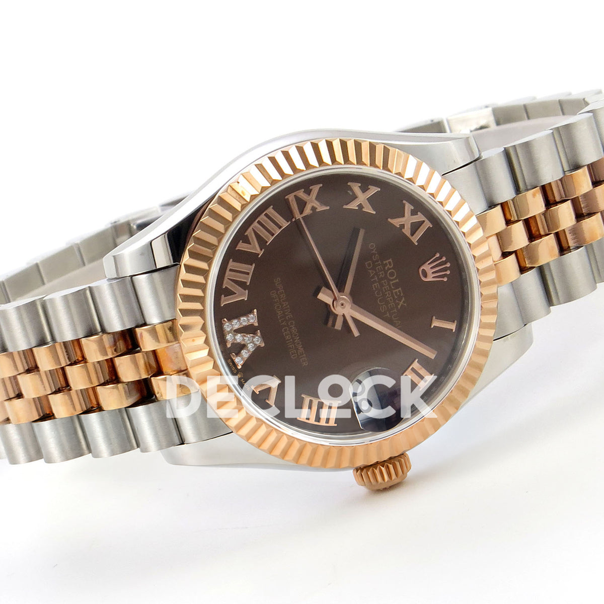 Rolex Datejust 31 278271 Brown Roman VI Gem Rose Two-Tone Jubilee XRF A2236 replica - Left-side angled view of the brown Roman dial, gem-set VI, rose-tone fluted bezel, date lens and steel/rose Jubilee bracelet