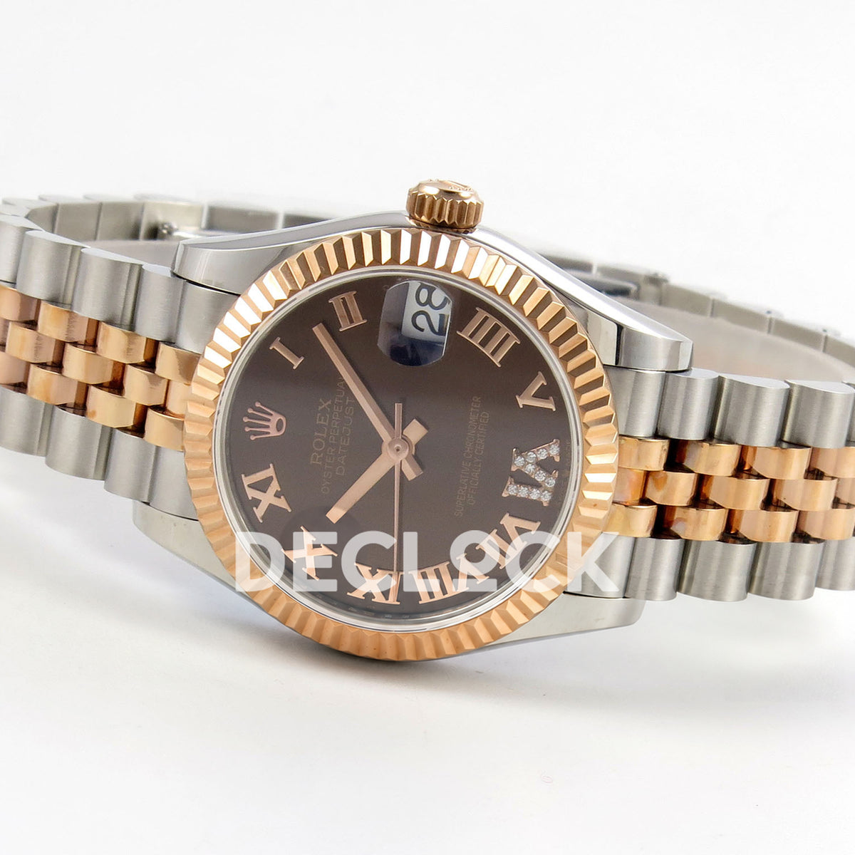 Rolex Datejust 31 278271 Brown Roman VI Gem Rose Two-Tone Jubilee XRF A2236 replica - Opposite angled view of the brown Roman dial, gem-set VI, rose-tone crown, hands and steel/rose Jubilee bracelet