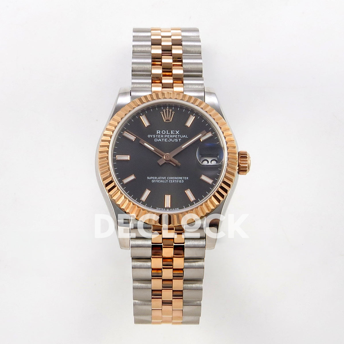 Rolex Datejust 31 278271 Dark Gray Baton Rose Two-Tone Jubilee XRF A2236 replica - Straight-on watch view with dark-gray baton dial, luminous hands, rose-tone fluted bezel and steel/rose Jubilee bracelet