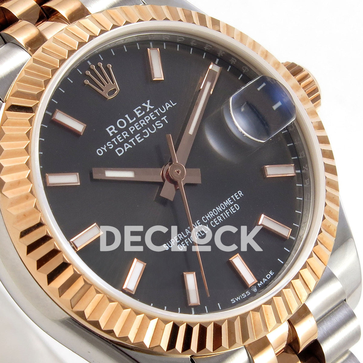 Rolex Datejust 31 278271 Dark Gray Baton Rose Two-Tone Jubilee XRF A2236 replica - Close-up of the dark gray dial with luminous baton markers, native rose-tone hands, date cyclops and fluted rose-tone bezel