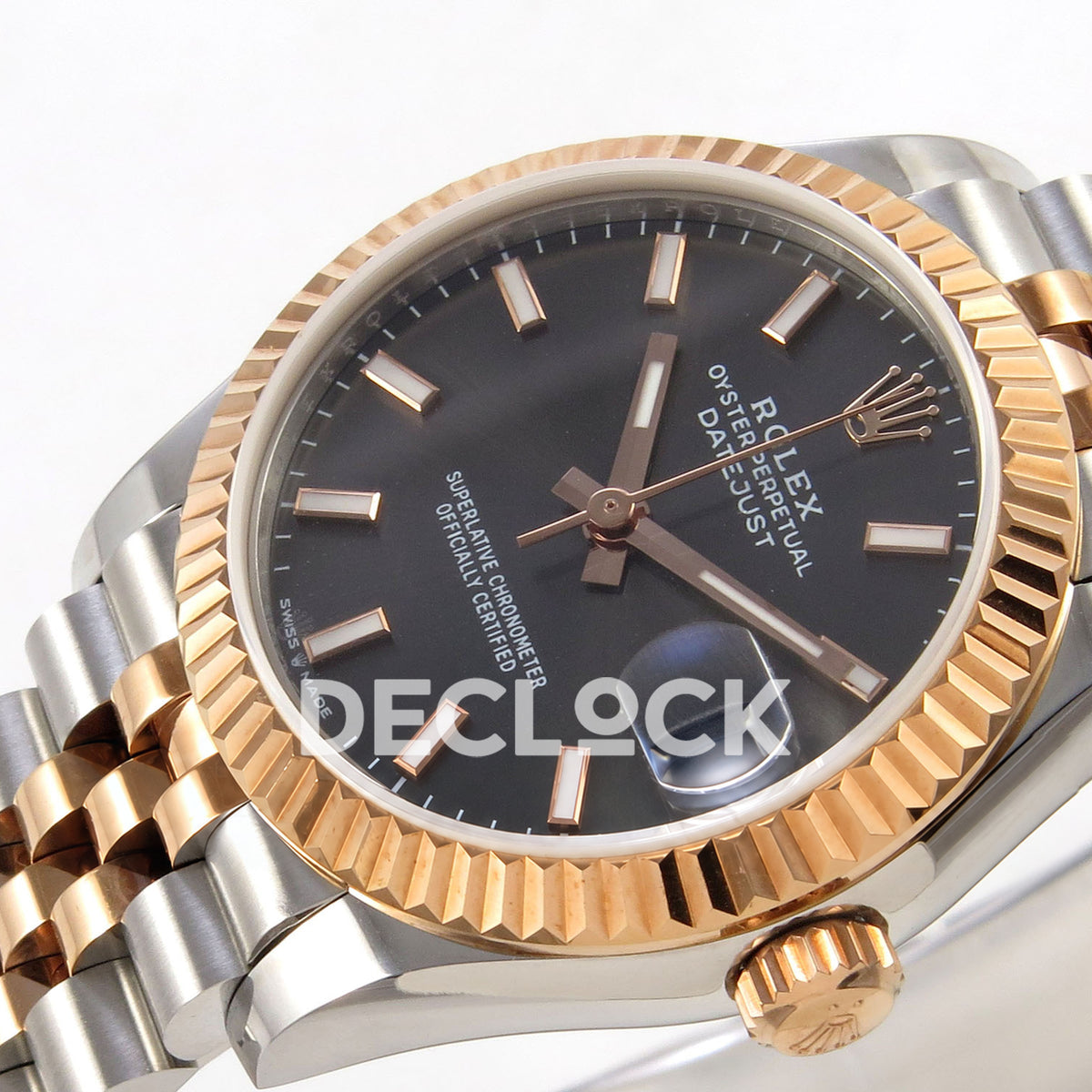 Rolex Datejust 31 278271 Dark Gray Baton Rose Two-Tone Jubilee XRF A2236 replica - Angled close-up of the dark gray baton dial, native rose-tone hands, date cyclops, fluted bezel and steel/rose Jubilee links