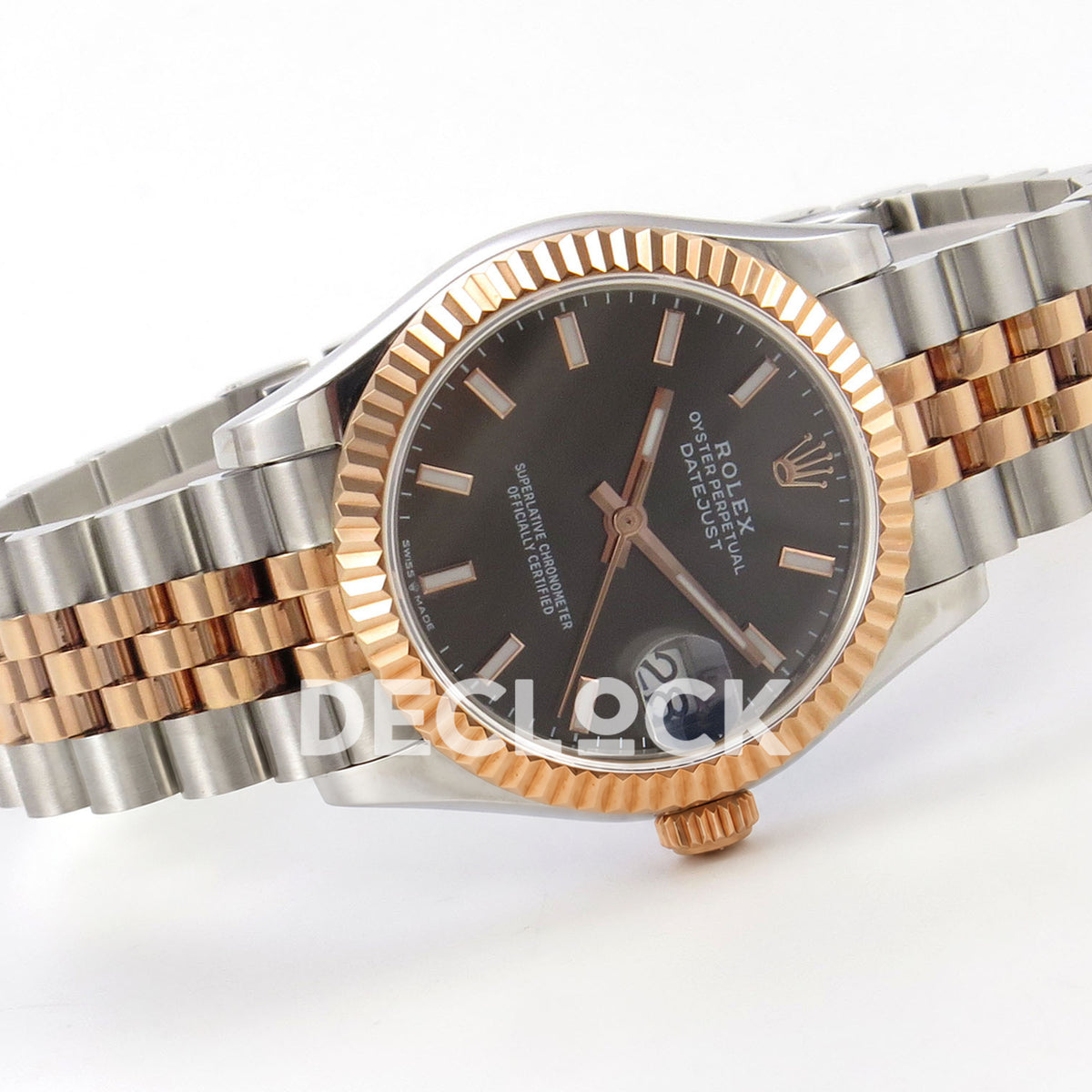 Rolex Datejust 31 278271 Dark Gray Baton Rose Two-Tone Jubilee XRF A2236 replica - Left-side full-watch angle with dark gray baton dial, luminous inlays and steel/rose Jubilee bracelet