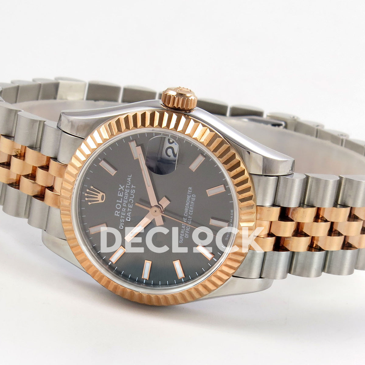 Rolex Datejust 31 278271 Dark Gray Baton Rose Two-Tone Jubilee XRF A2236 replica - Opposite full-watch angle with dark gray baton dial, native hand inlays, rose-tone crown and steel/rose Jubilee bracelet