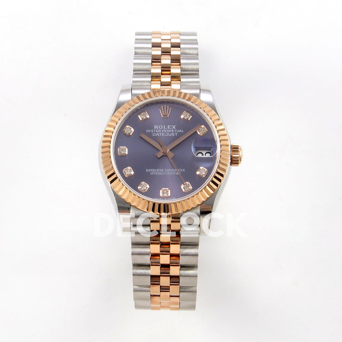 Rolex Datejust 31 278271 Purple Diamond Rose Two-Tone Jubilee XRF A2236 replica - Straight-on full watch view with purple gem dial, rose-tone fluted bezel and steel/rose Jubilee bracelet