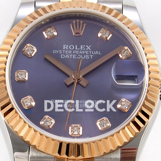 Rolex Datejust 31 278271 Purple Diamond Rose Two-Tone Jubilee XRF A2236 replica - Front macro view of the purple gem dial, rose-tone hands, fluted bezel and magnified date lens
