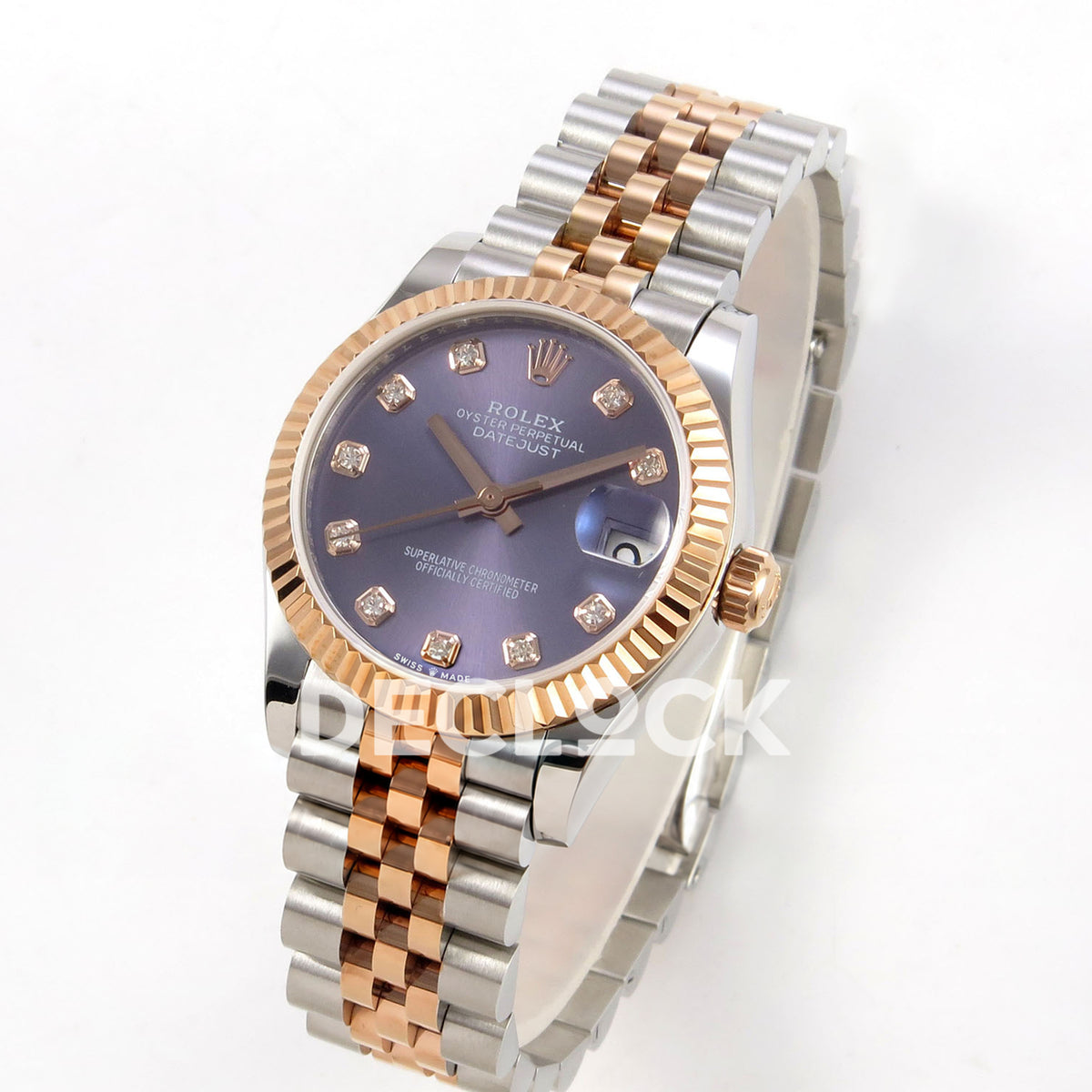 Rolex Datejust 31 278271 Purple Diamond Rose Two-Tone Jubilee XRF A2236 replica - Standing three-quarter watch view with purple gem dial and steel/rose Jubilee bracelet