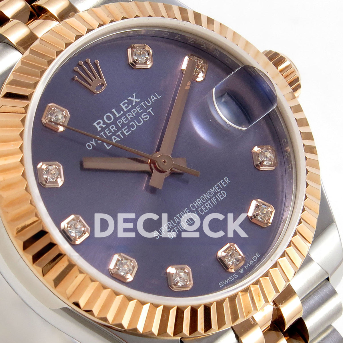 Rolex Datejust 31 278271 Purple Diamond Rose Two-Tone Jubilee XRF A2236 replica - Angled macro view of the purple gem dial, rose-tone fluted bezel, hands and magnified date lens