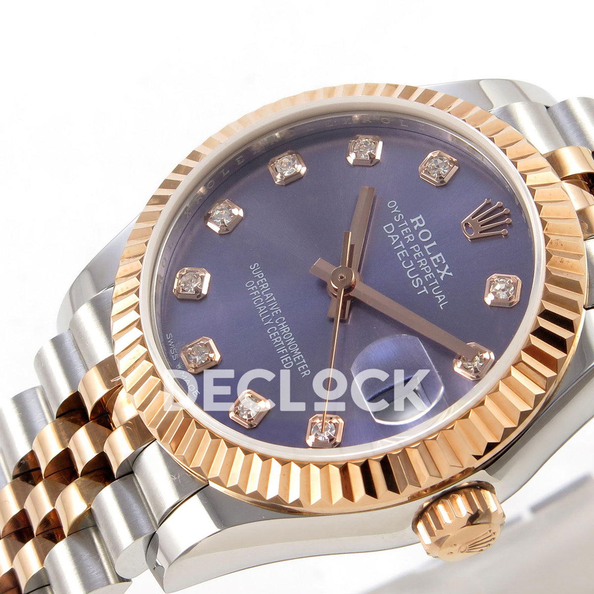 Rolex Datejust 31 278271 Purple Diamond Rose Two-Tone Jubilee XRF A2236 replica - Angled close-up of the purple gem dial, rose-tone hands, date cyclops and fluted rose-tone bezel