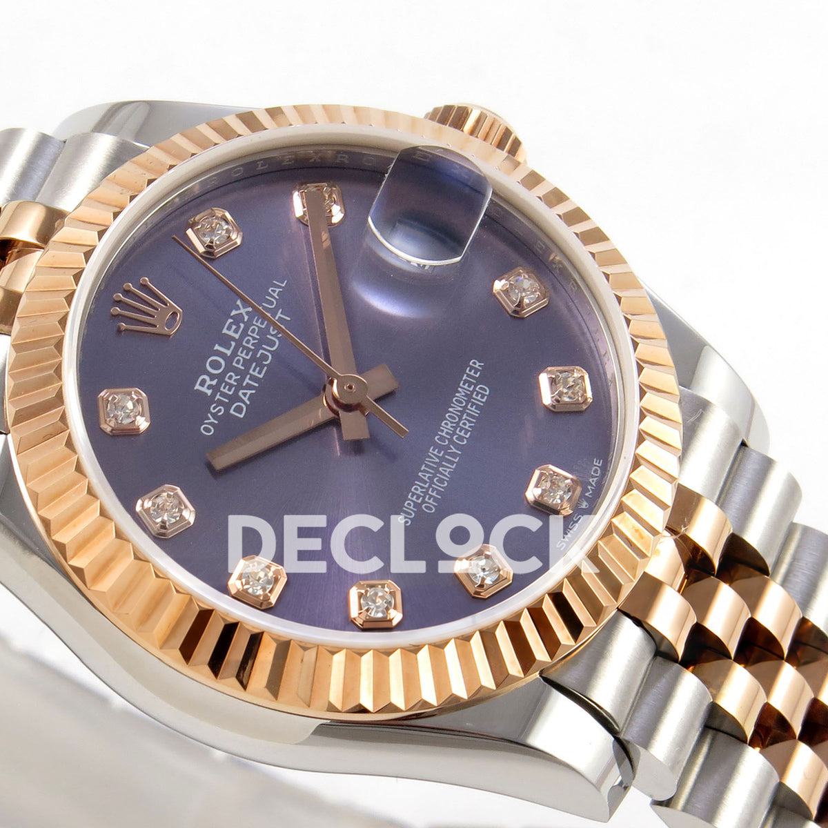 Rolex Datejust 31 278271 Purple Diamond Rose Two-Tone Jubilee XRF A2236 replica - Opposite close-up showing purple gem dial, rose-tone hands, fluted bezel and steel/rose Jubilee links
