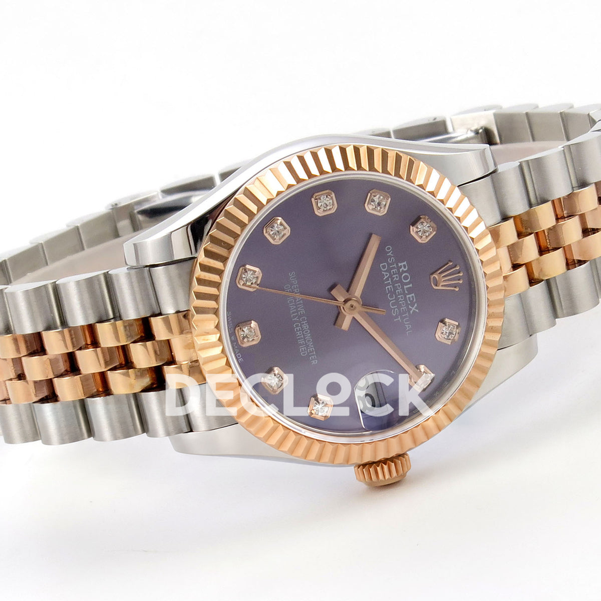 Rolex Datejust 31 278271 Purple Diamond Rose Two-Tone Jubilee XRF A2236 replica - Three-quarter view of the purple gem dial, rose-tone fluted bezel and steel/rose Jubilee bracelet