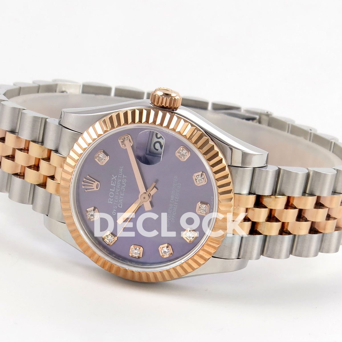 Rolex Datejust 31 278271 Purple Diamond Rose Two-Tone Jubilee XRF A2236 replica - Opposite three-quarter view of the purple gem dial and steel/rose Jubilee bracelet