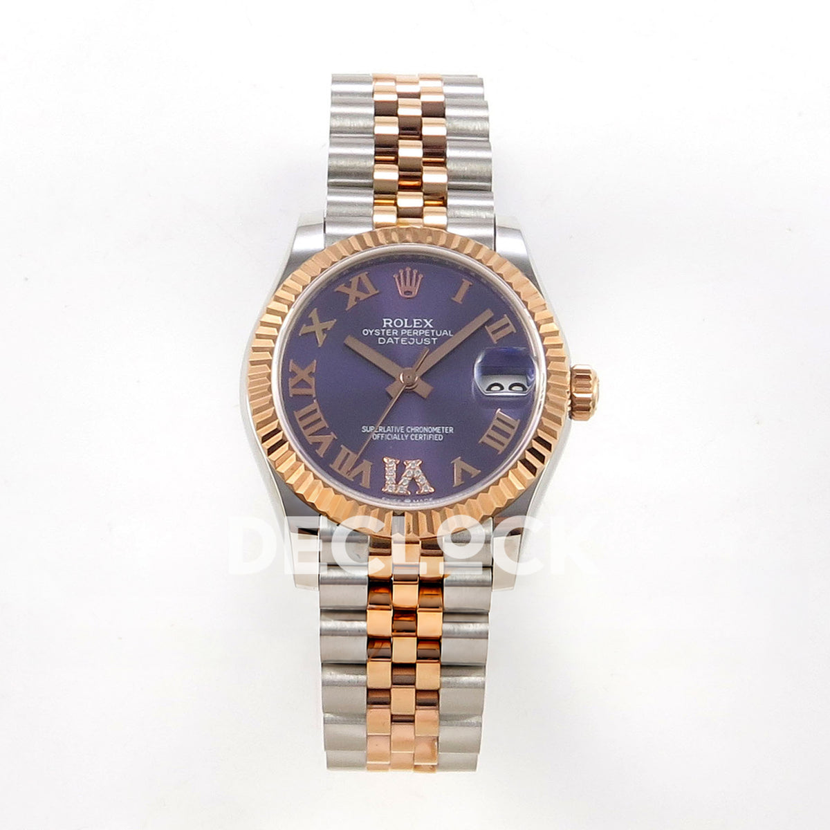 Rolex Datejust 31 278271 Purple Roman VI Gem Rose Two-Tone Jubilee XRF A2236 replica - Straight-on watch view with purple Roman dial, gem-set VI, rose-tone fluted bezel and steel/rose Jubilee bracelet
