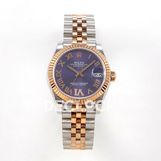 Rolex Datejust 31 278271 Purple Roman VI Gem Rose Two-Tone Jubilee XRF A2236 replica - Straight-on watch view with purple Roman dial, gem-set VI, rose-tone fluted bezel and steel/rose Jubilee bracelet