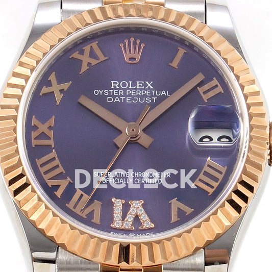 Rolex Datejust 31 278271 Purple Roman VI Gem Rose Two-Tone Jubilee XRF A2236 replica - Front macro of the purple Roman dial with gem-set VI, rose-tone hands and magnified date lens