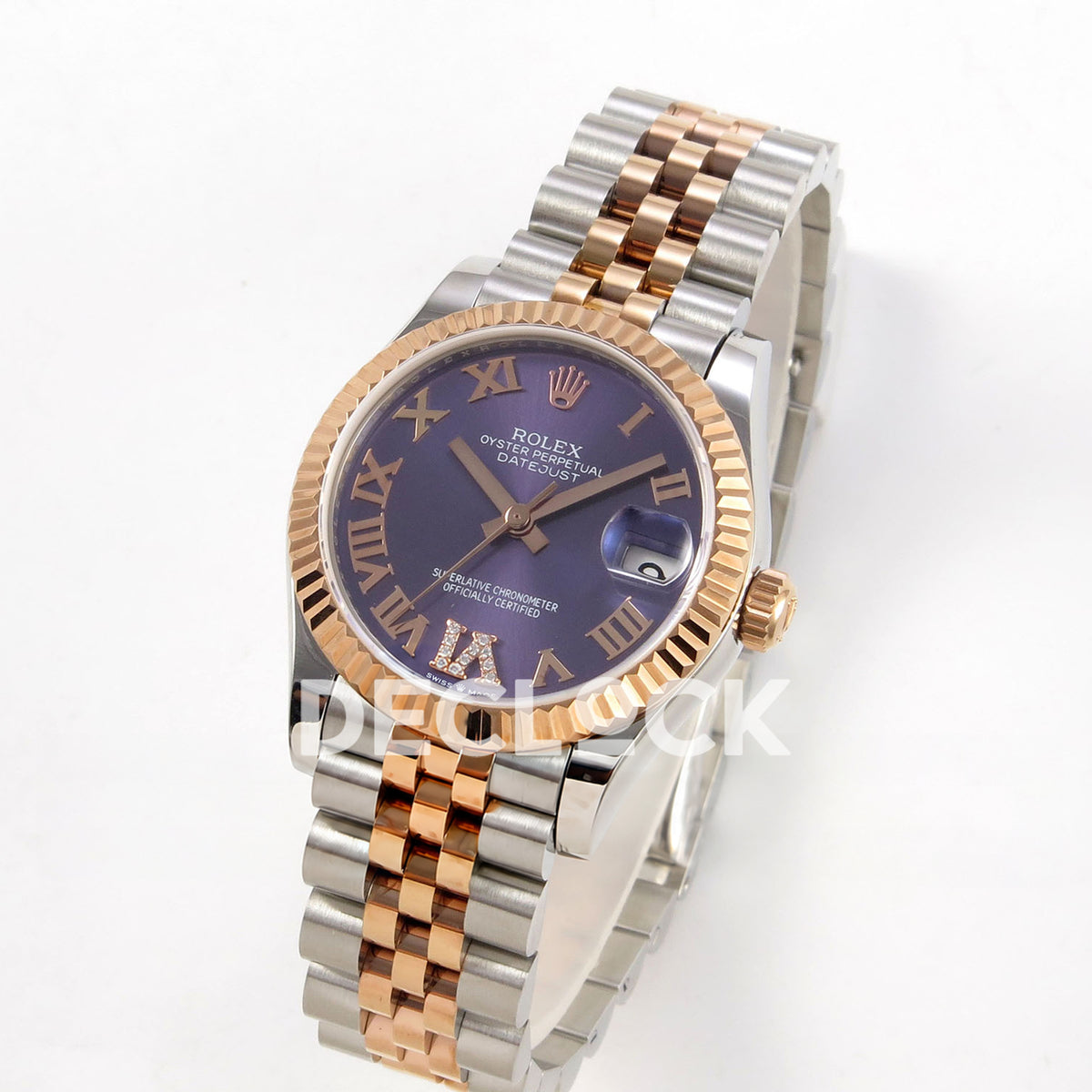Rolex Datejust 31 278271 Purple Roman VI Gem Rose Two-Tone Jubilee XRF A2236 replica - Standing three-quarter watch view with purple Roman dial, gem-set VI and steel/rose Jubilee bracelet