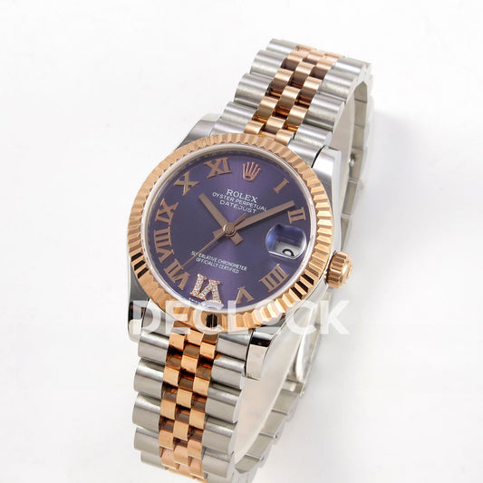 Rolex Datejust 31 278271 Purple Roman VI Gem Rose Two-Tone Jubilee XRF A2236 replica - Standing three-quarter watch view with purple Roman dial, gem-set VI and steel/rose Jubilee bracelet