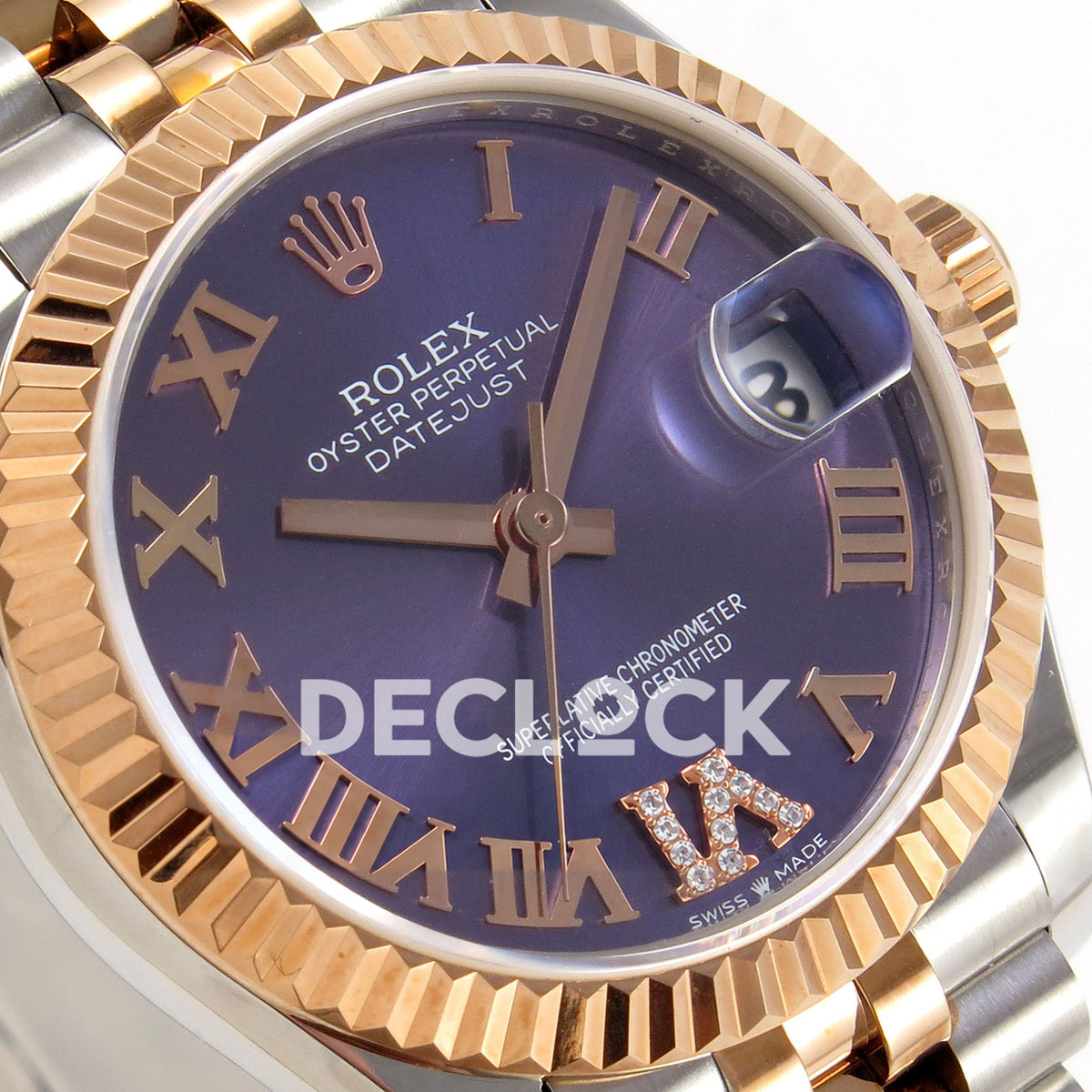 Rolex Datejust 31 278271 Purple Roman VI Gem Rose Two-Tone Jubilee XRF A2236 replica - Close-up of the purple Roman dial with gem-set VI, native rose-tone hands, date cyclops and fluted rose-tone bezel