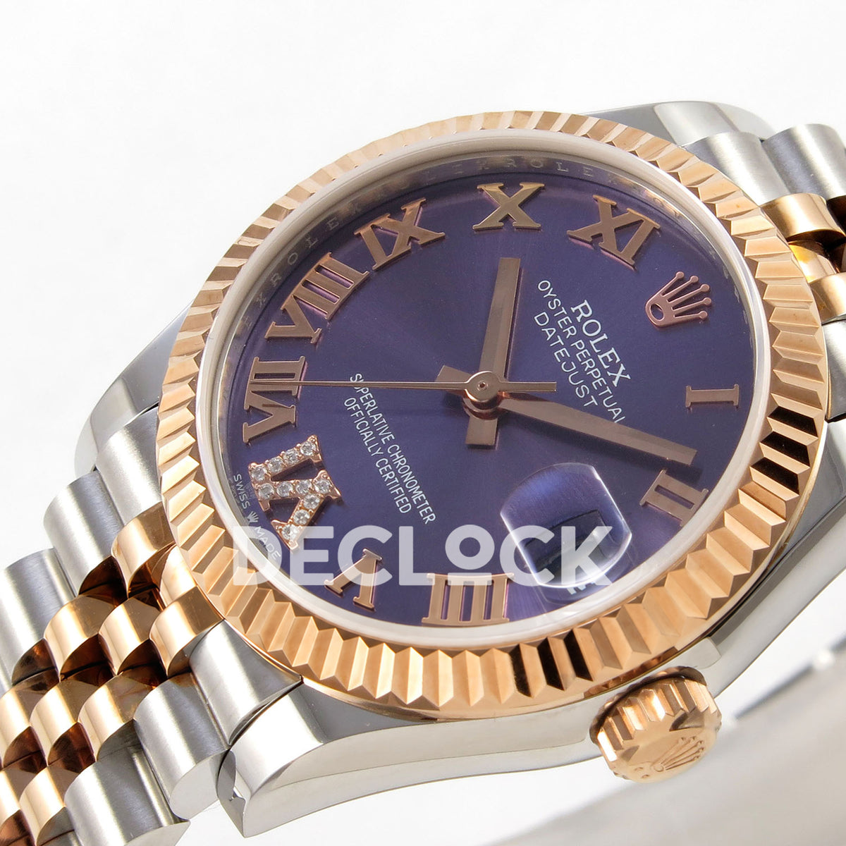 Rolex Datejust 31 278271 Purple Roman VI Gem Rose Two-Tone Jubilee XRF A2236 replica - Angled close-up of the purple Roman dial with gem-set VI, rose-tone hands, date cyclops and fluted rose-tone bezel